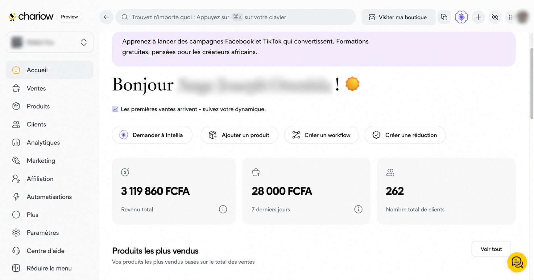 Dashboard Chariow — 3 119 860 FCFA revenu total, 262 clients